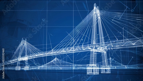 A blueprint of the surroundings, featuring lines and white figures depicting details like bridges and buildings, set against an indigo background.