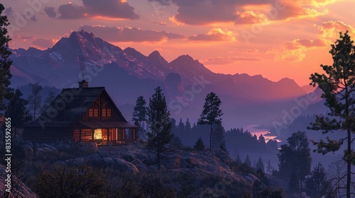 A cabin nestled among the mountains, with the silhouette of rugged peaks in the background and the warm glow of a fireplace visible through the windows