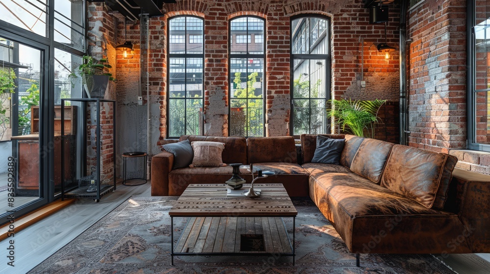 Industrial Chic: Depict an industrial chic interior with exposed brick walls, metal fixtures, and modern furniture Industrial Chic: Depict an industrial chic interior with exposed brick walls, metal fixtures, and modern furniture