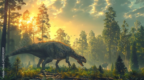 Shunosaurus feeding on leaves from tall trees in a dense Jurassic forest with other dinosaurs nearby photo