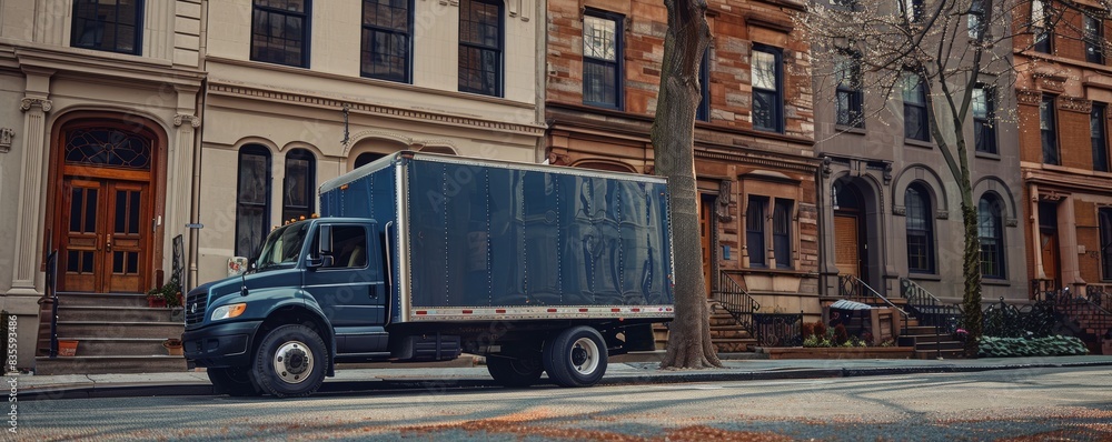 A large blue delivery truck is parked on a narrow street lined with various closely packed townhouses, capturing a busy urban setting during daytime