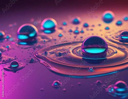 Holographic wallpaper background with liquid water splash bubbles in the liquid. Hologram Holographics texture purple blue colors