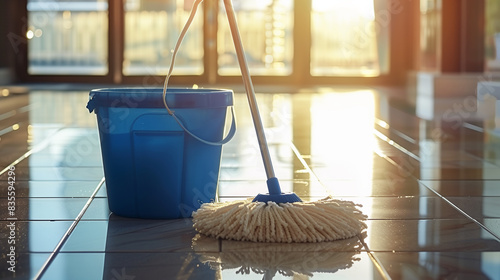 A floor mop and bucket placed on glossy tile floor with sunlight streaming in, depicting cleanliness and maintenance.