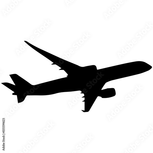A silhouette of a twin-jet airliner
