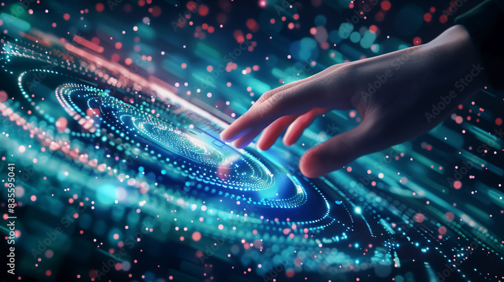 A hand reaching out to interact with a spinning data flow in a digital interface, representing technology, innovation, and data processing. A hand reaching out to interact with a spinning data flow in a digital interface, representing technology, innovation, and data processing.