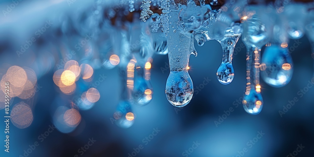 A stunning close-up of icy, translucent icicles hanging from a branch with beautiful bokeh effects of warm lights in the background A stunning close-up of icy, translucent icicles hanging from a branch with beautiful bokeh effects of warm lights in the background