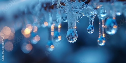 A stunning close-up of icy, translucent icicles hanging from a branch with beautiful bokeh effects of warm lights in the background