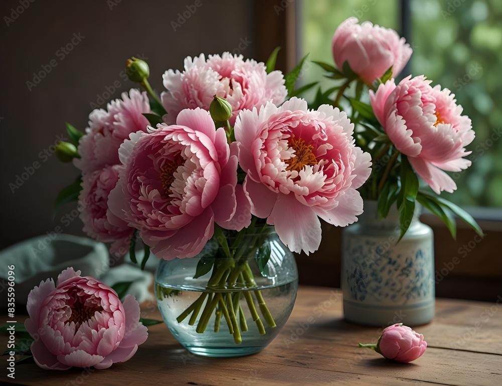 peony bunch in vase on the table in the garden peony bunch in vase on the table in the garden