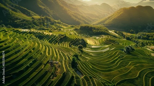 A stunning aerial view of lush, green terraced rice fields on mountain slopes, beautifully illuminated by the golden hour sunlight.
