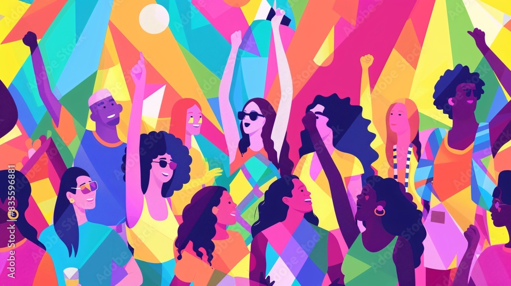 A lively vector illustration showcasing the vibrant energy of an LGBTQ+ and Pride month festival, featuring diverse individuals, dynamic colors, and contemporary design elements, perfect for creating A lively vector illustration showcasing the vibrant energy of an LGBTQ+ and Pride month festival, featuring diverse individuals, dynamic colors, and contemporary design elements, perfect for creating