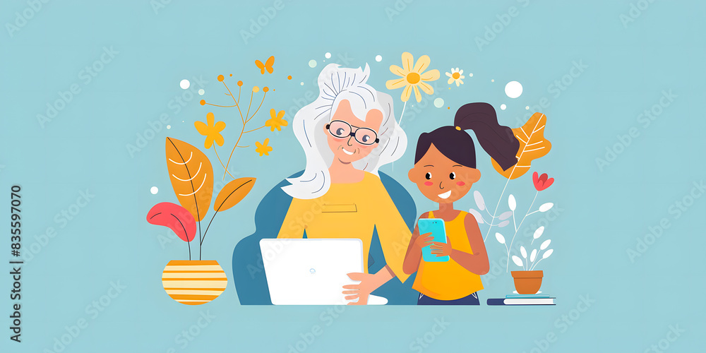 Abuela y nieta haciendo uso de la tecnología como laptop y smartphone dibujo caricatura a colores Abuela y nieta haciendo uso de la tecnología como laptop y smartphone dibujo caricatura a colores