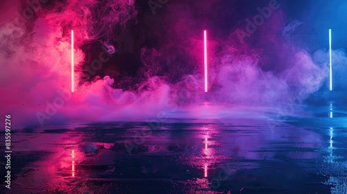 Abstract empty scene background with neon light, smoke and reflection on wet asphalt floor in dark room. Neon glowing lines, blue pink purple red color