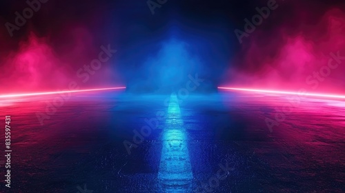 Abstract empty scene of illuminated asphalt floor with neon light and fog background. Dark night street background for product presentation  wallpaper