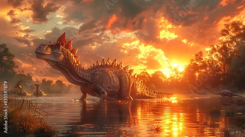 Spinosaurus swimming gracefully in a river with a sunset in the background and other dinosaurs nearby