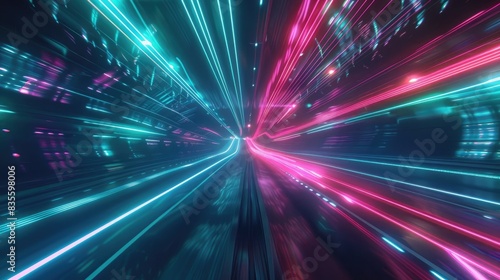 Abstract futuristic underground highway with light streaks and glow, blurred motion, speed effect, cyberpunk style background