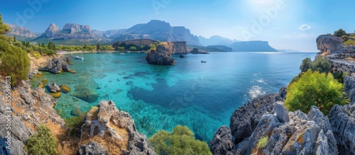 panoramic view of the rocky coast with turquoise water in, South Italy from above, National Geographic photography, vibrant colors, beautiful lagoon, sunny day photo