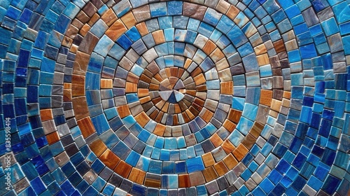 Abstract mosaic background with blue and brown tiles arranged in a circular pattern  top view. Mosaic texture for design  decoration or interior mural