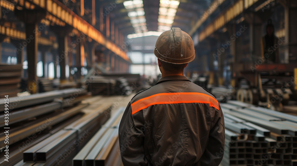 A man in a yellow vest stands in a large industrial building. He is wearing a hard hat and looking up at something. Scene is serious and focused A man in a yellow vest stands in a large industrial building. He is wearing a hard hat and looking up at something. Scene is serious and focused
