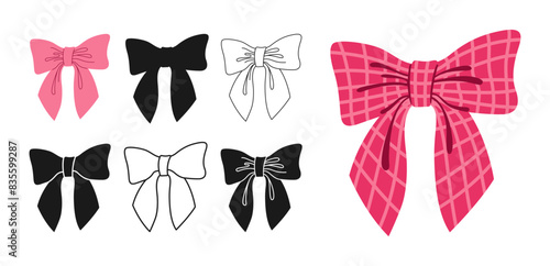 Ribbon satin bows symbol set. Trendy holiday tape sign for celebrations silhouette, icon linear design. Cute cartoon bow knot gift ribbon party accessory. Glamour hand drawn vector illustration
