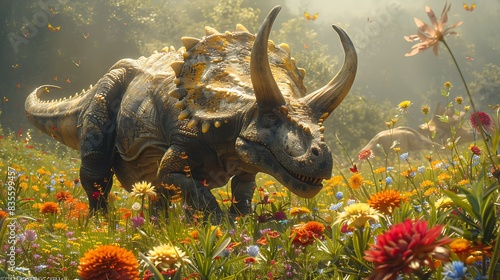Styracosaurus grazing in a prehistoric meadow with colorful flowers blooming around it and other dinosaurs nearby