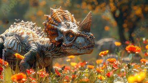 Styracosaurus grazing in a prehistoric meadow with colorful flowers blooming around it and other dinosaurs nearby photo