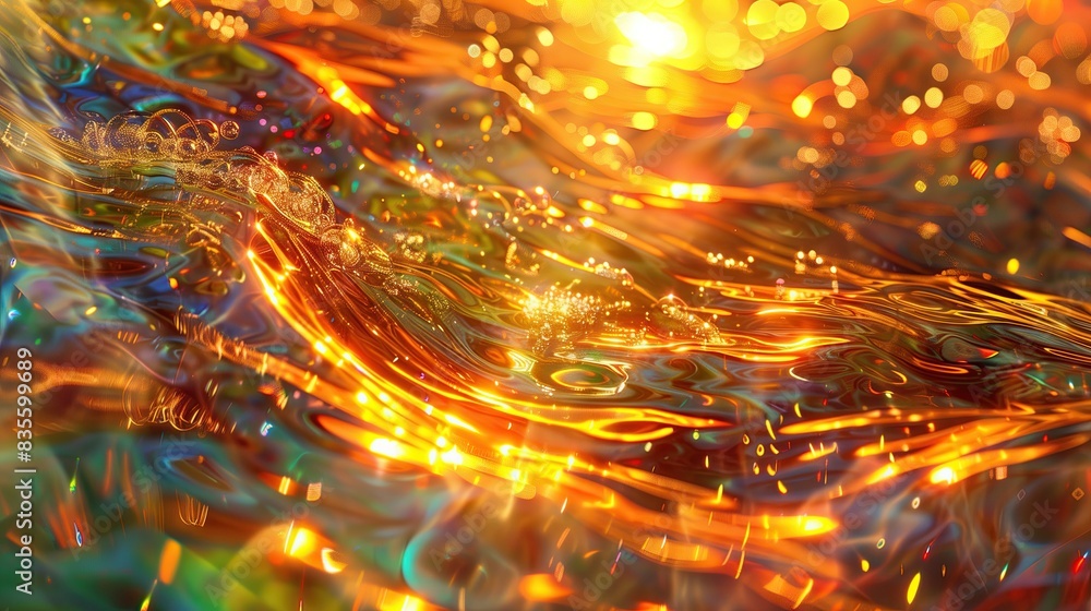 Vibrant Abstract with Golden Waves of Light and Colorful, Sparkling Designs Vibrant Abstract with Golden Waves of Light and Colorful, Sparkling Designs