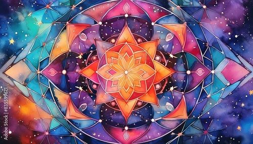 Vibrant geometric art adorned with celestial stars and galaxies, painted in watercolor and digitally enhanced with a mandala-inspired design