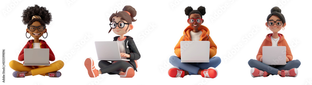 Set of 3D cartoon character happy smile young woman siting on the floor using laptop computer, Full body isolated on white background, png