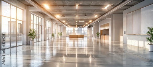 A large empty modern office with high ceilings and concrete floors. 