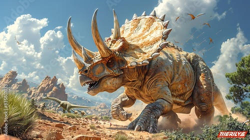 Triceratops defending its territory from a rival in a dry rocky landscape with other dinosaurs nearby