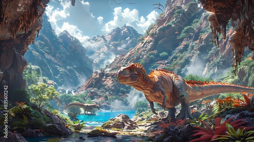 young Dracorex exploring a colorful alienlike landscape with strange plants and rock formations and other dinosaurs nearby photo