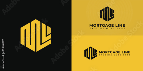 Abstract initial hexagon letter ML or LM logo in yellow color isolated on multiple background colors. The logo is suitable for mortgage broking company logo design inspiration templates.