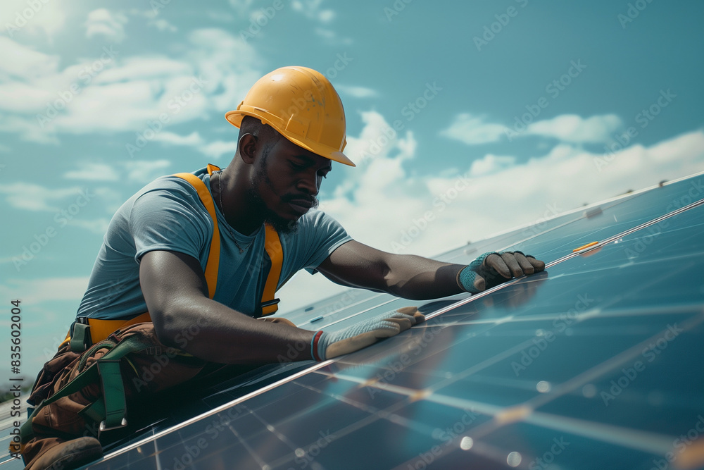 photo of black man worker installing solar photovoltatic on a roof to produce renewable energy power to fight the climate change photo of black man worker installing solar photovoltatic on a roof to produce renewable energy power to fight the climate change