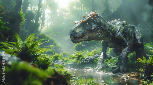 young Sinornithosaurus hunting in a dense misty jungle with ancient ferns and mosscovered trees and other dinosaurs nearby