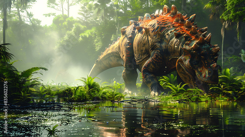 Ampelosaurus feeding vegetation in a swampy area with mist rising from the water © HaiderShah
