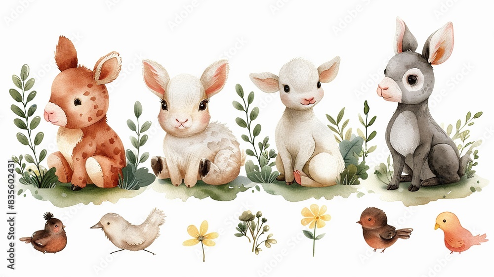 Naklejka premium Set of cute watercolor baby animals and birds with floral elements