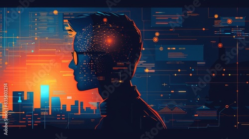 The image is a dark blue background with a person's head in the center