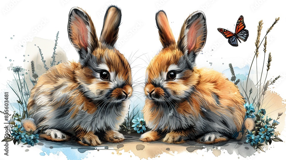 Two cute watercolor bunnies with butterfly and flowers Two cute watercolor bunnies with butterfly and flowers