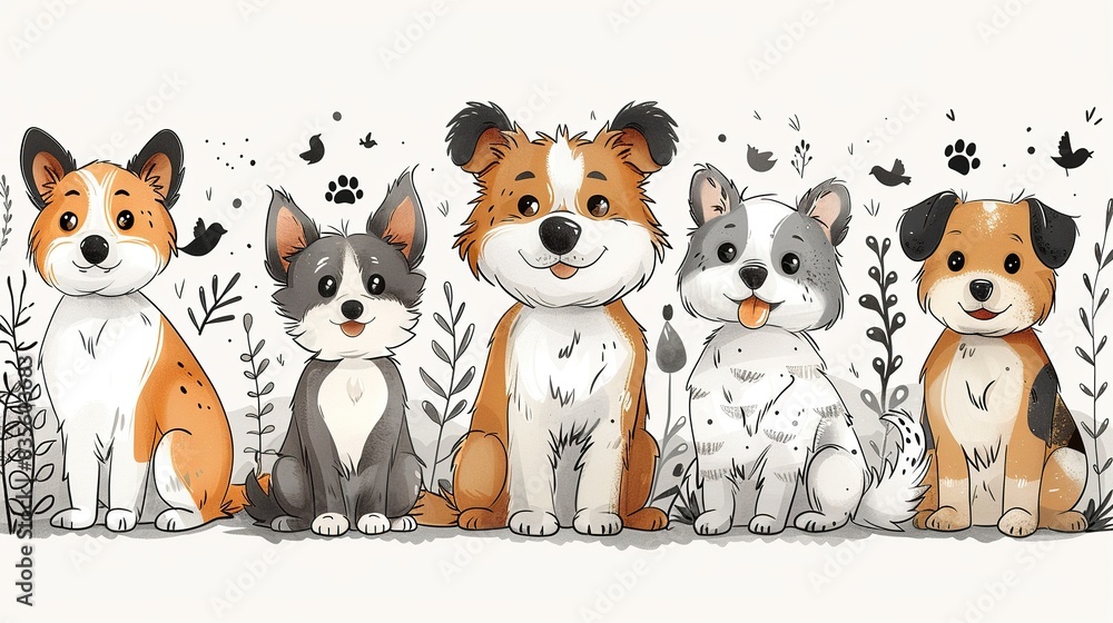 A set of cute cartoon dogs of different breeds sitting in a row. The dogs are surrounded by flowers and leaves. A set of cute cartoon dogs of different breeds sitting in a row. The dogs are surrounded by flowers and leaves.