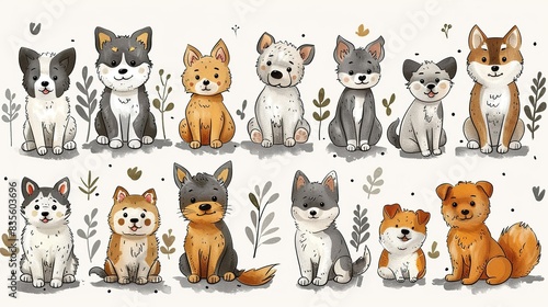 A set of cute puppies of different breeds sitting in various poses with floral elements around them.
