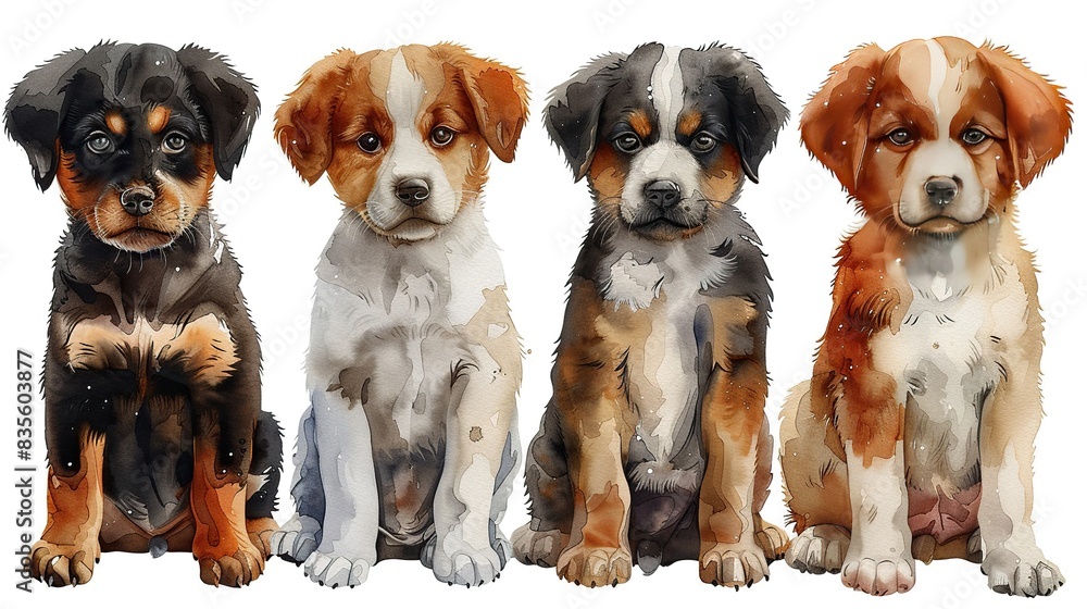 Four cute puppies of different breeds. Watercolor illustration isolated on white background. Four cute puppies of different breeds. Watercolor illustration isolated on white background.
