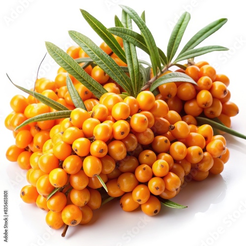 Fresh Sea Buckthorn Berries With Green Leaves on White Background. Generative AI