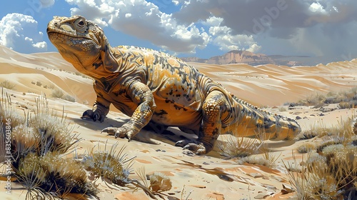 adorable young Nigersaurus roaming a dry desertlike landscape with sand dunes and sparse vegetation depicted in an art style photo