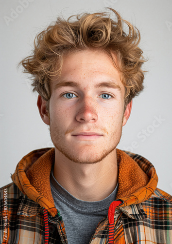 A young man with tousled blond hair and piercing blue eyes stares intently at the camera. He wears a brown and orange plaid flannel shirt with a fleece-lined hood