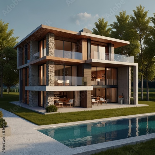 Modern home cross section, 3d rendering minimalist © De Lune Studio