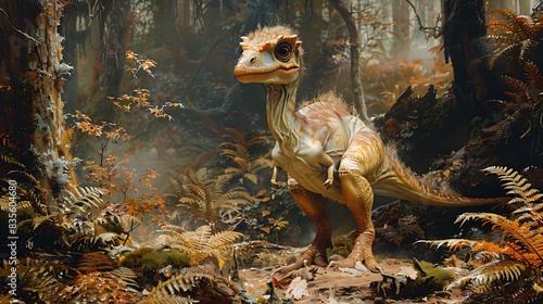 adorable young Sinornithosaurus hunting in a dense misty jungle with ancient ferns and mosscovered trees depicted in a mural photo