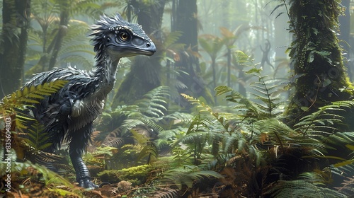 adorable young Sinornithosaurus hunting in a dense misty jungle with ancient ferns and mosscovered trees depicted in a mural photo