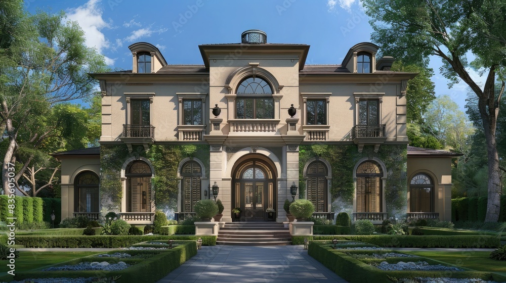 Artistic representation of exterior house with highend features, like large windows and ornate trim in light brown color