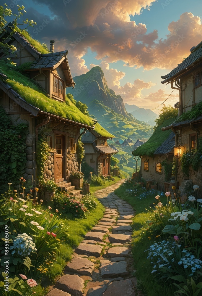 Fototapeta premium Enchanted Village Path at Sunset