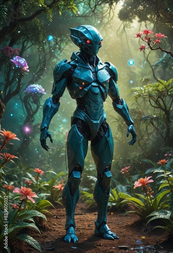 Futuristic Cyborg in a Lush Jungle